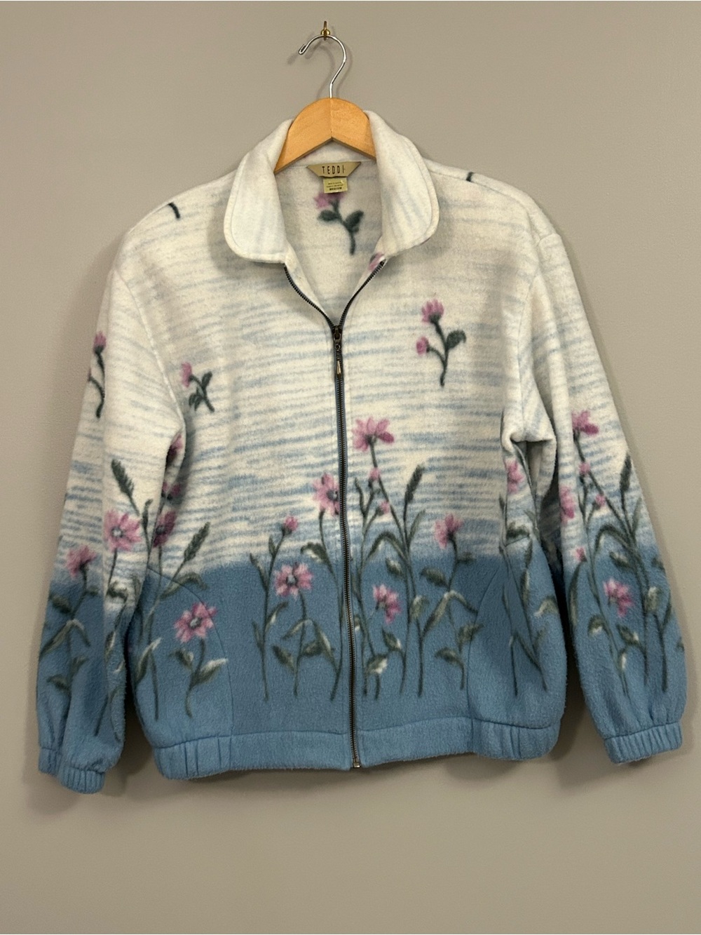 Vintage Teddi Women's Zip Front Floral Fleece Fall Jacket Medium